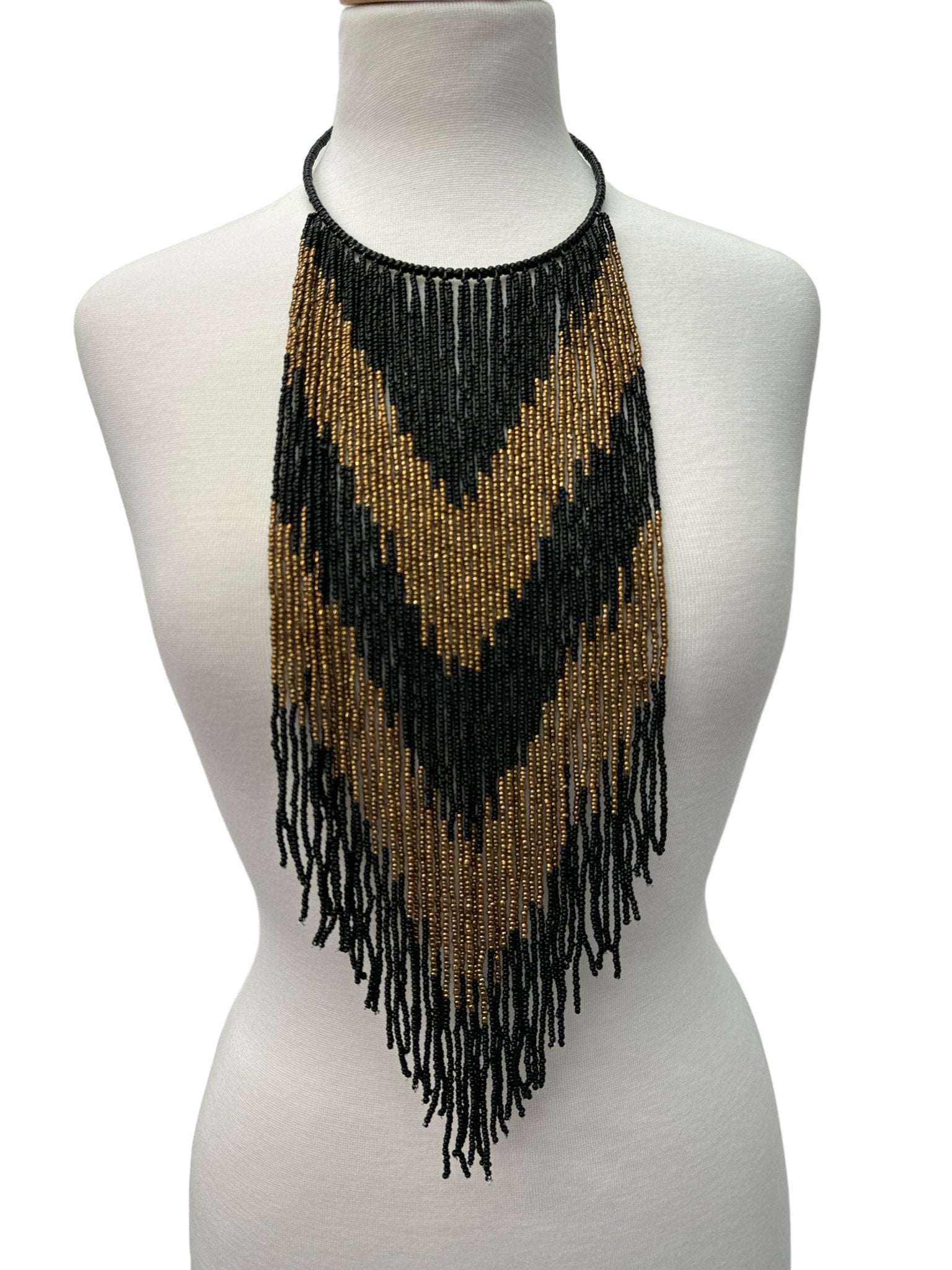 African Authentic Long Black Beaded Fringe Tassels Necklace Pendant - Fatisha Boutique
