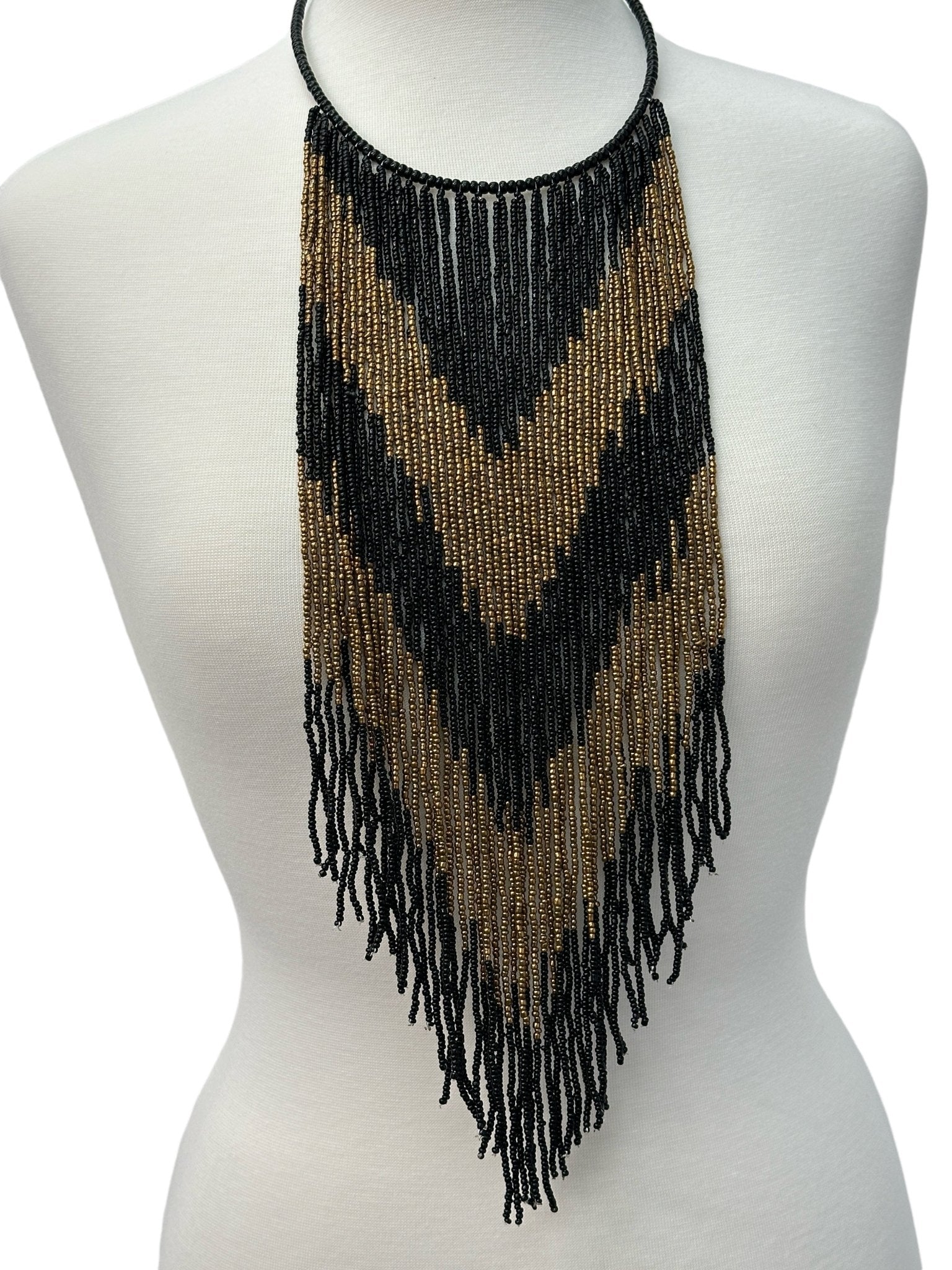 African Authentic Long Black Beaded Fringe Tassels Necklace Pendant - Fatisha Boutique