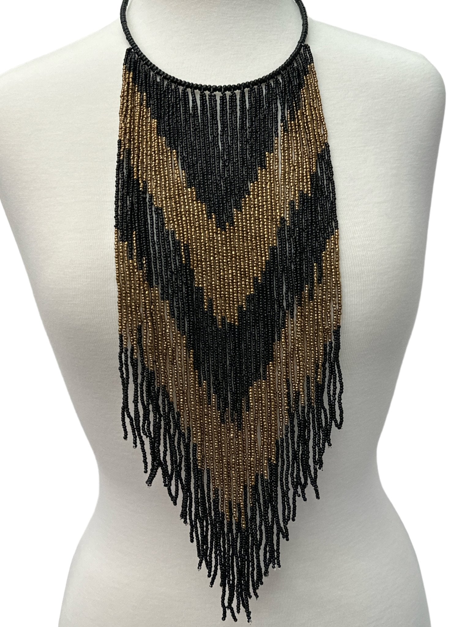 African Authentic Long Black Beaded Fringe Tassels Necklace Pendant - Fatisha Boutique
