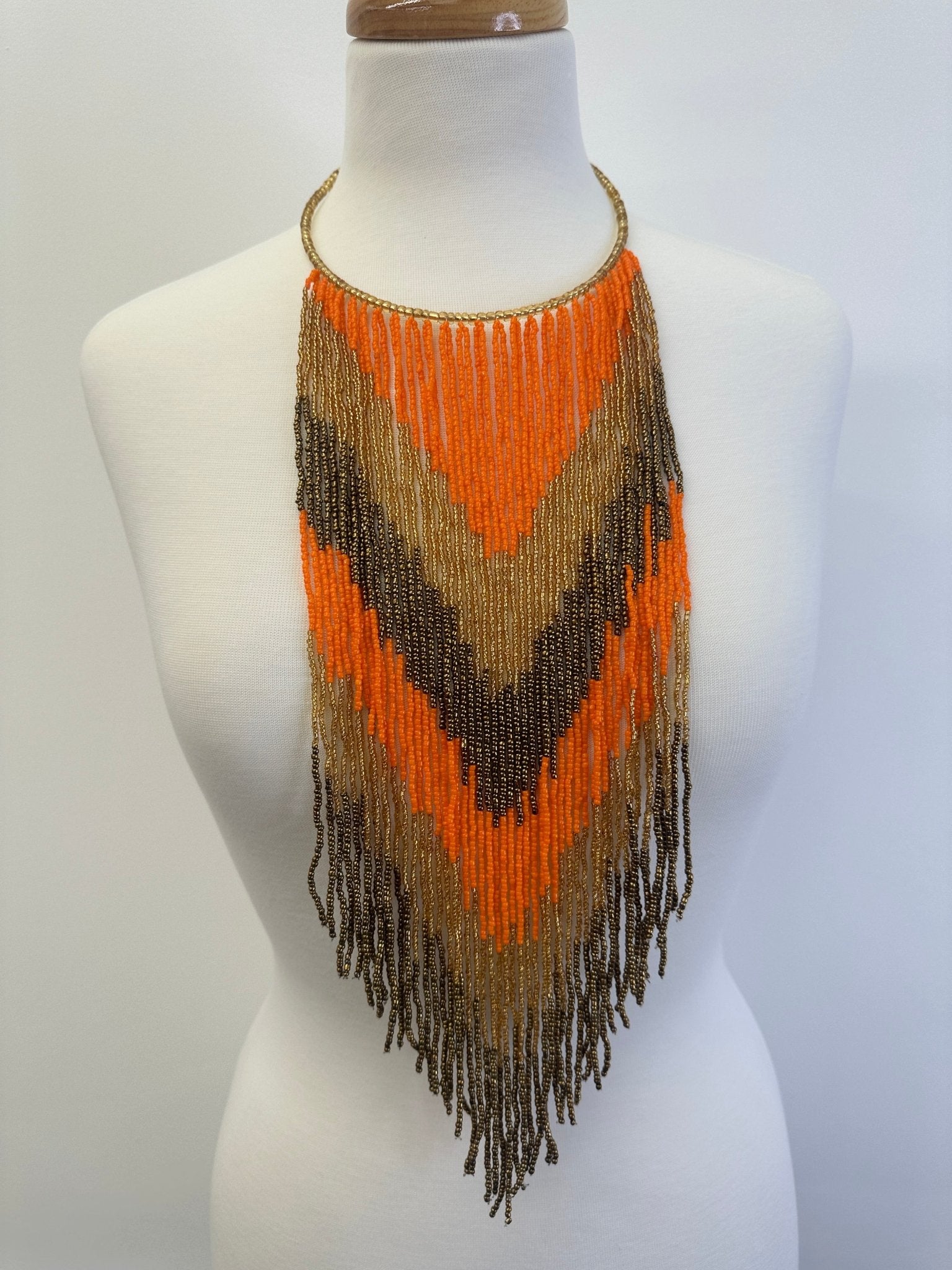 African Authentic Long Orange Beaded Fringe Tassels Necklace Pendant - Fatisha Boutique