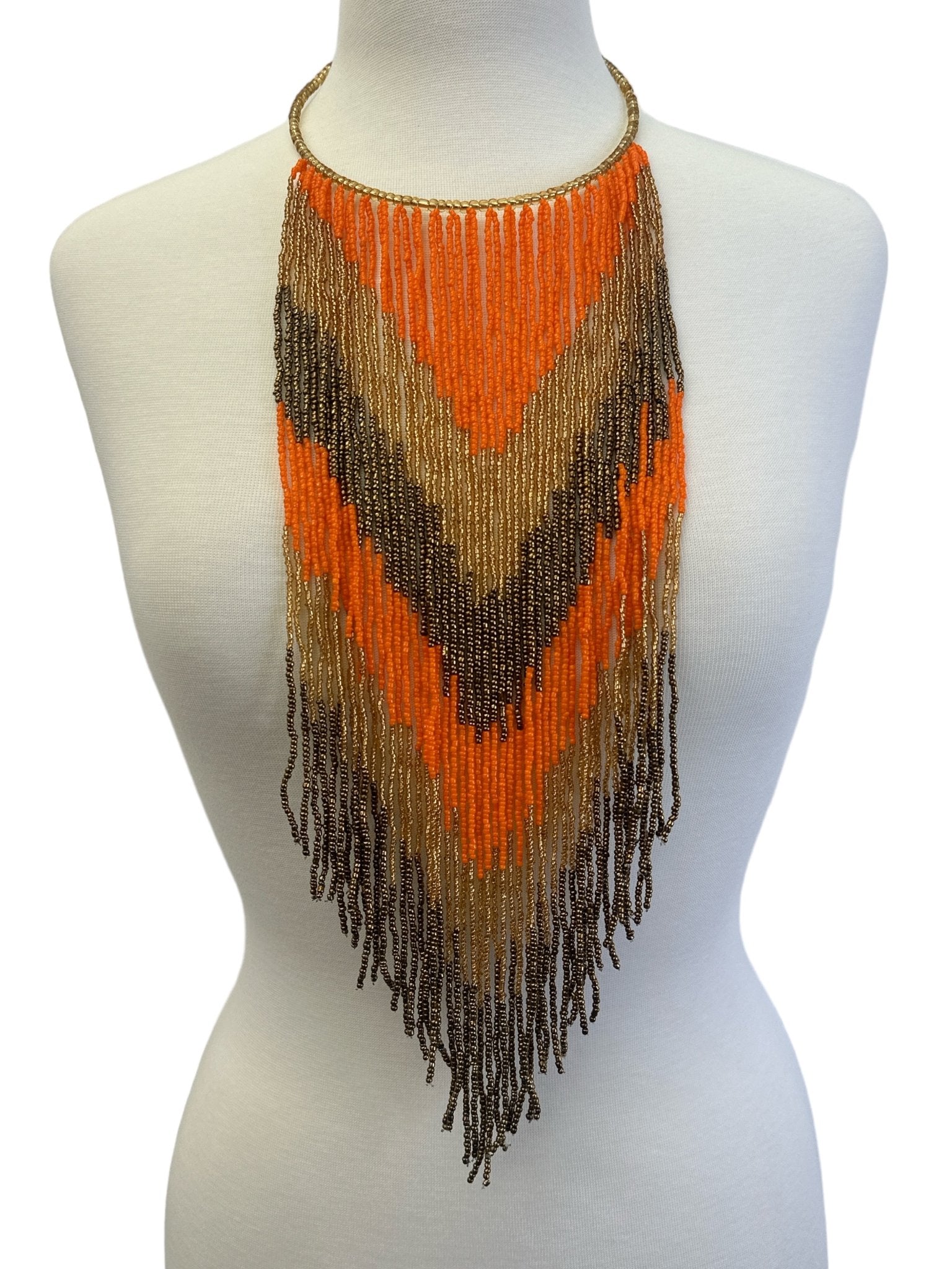 African Authentic Long Orange Beaded Fringe Tassels Necklace Pendant - Fatisha Boutique