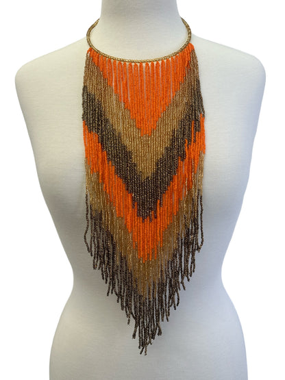 African Authentic Long Orange Beaded Fringe Tassels Necklace Pendant - Fatisha Boutique