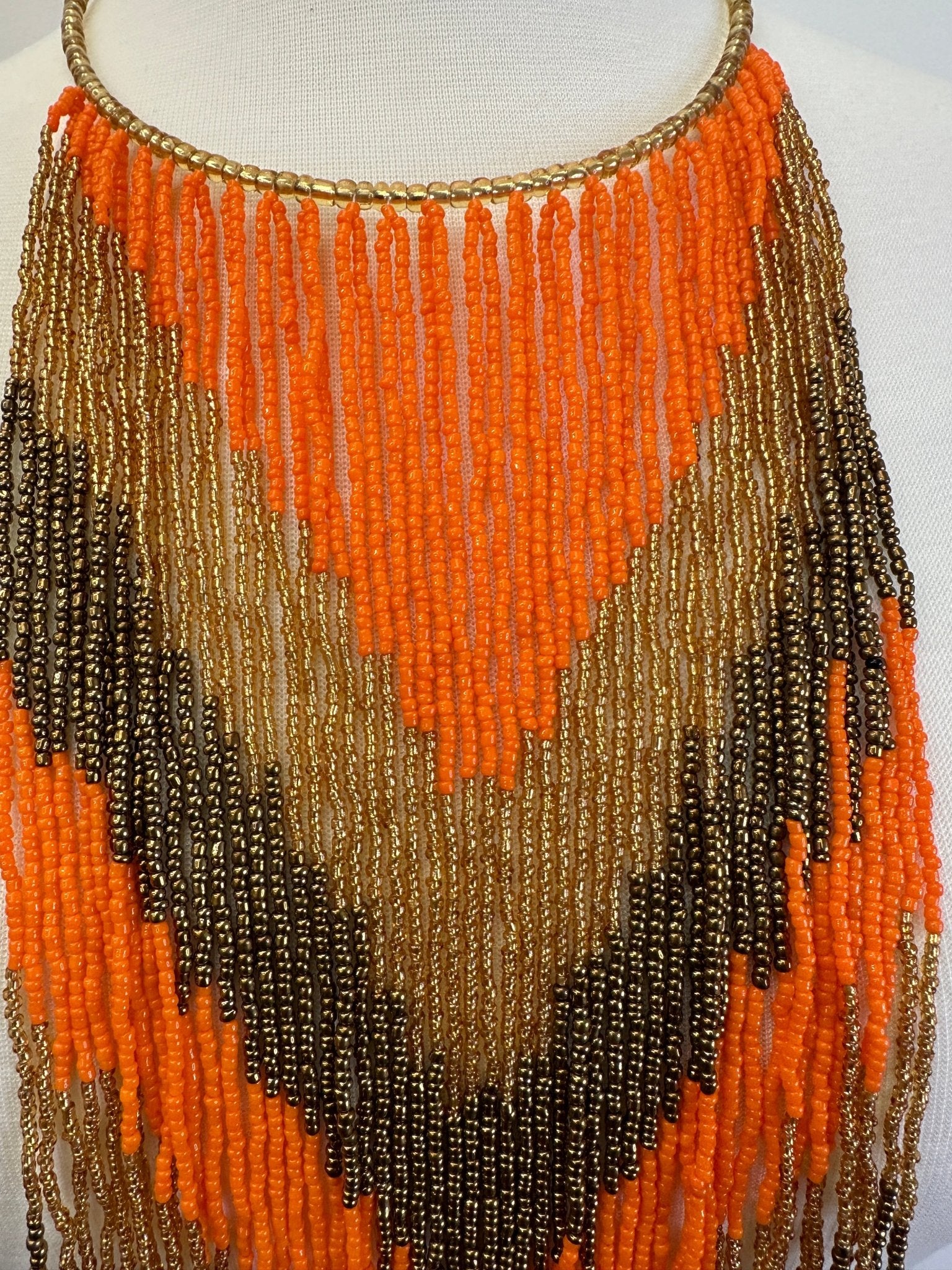 African Authentic Long Orange Beaded Fringe Tassels Necklace Pendant - Fatisha Boutique