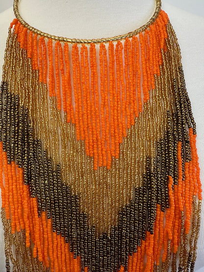 African Authentic Long Orange Beaded Fringe Tassels Necklace Pendant - Fatisha Boutique