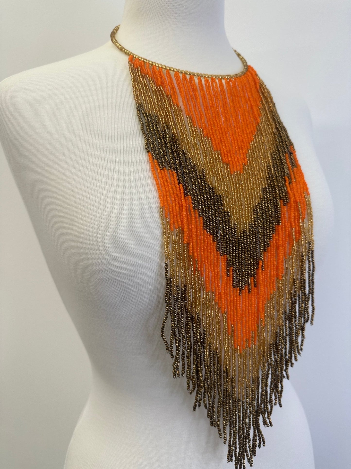 African Authentic Long Orange Beaded Fringe Tassels Necklace Pendant - Fatisha Boutique