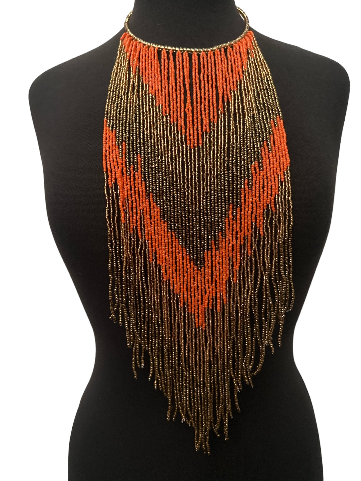 African Authentic Long Orange Beaded Fringe Tassels Necklace Pendant - Fatisha Boutique