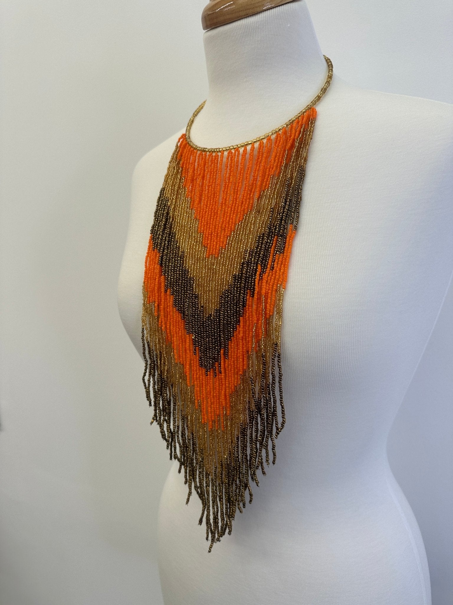 African Authentic Long Orange Beaded Fringe Tassels Necklace Pendant - Fatisha Boutique