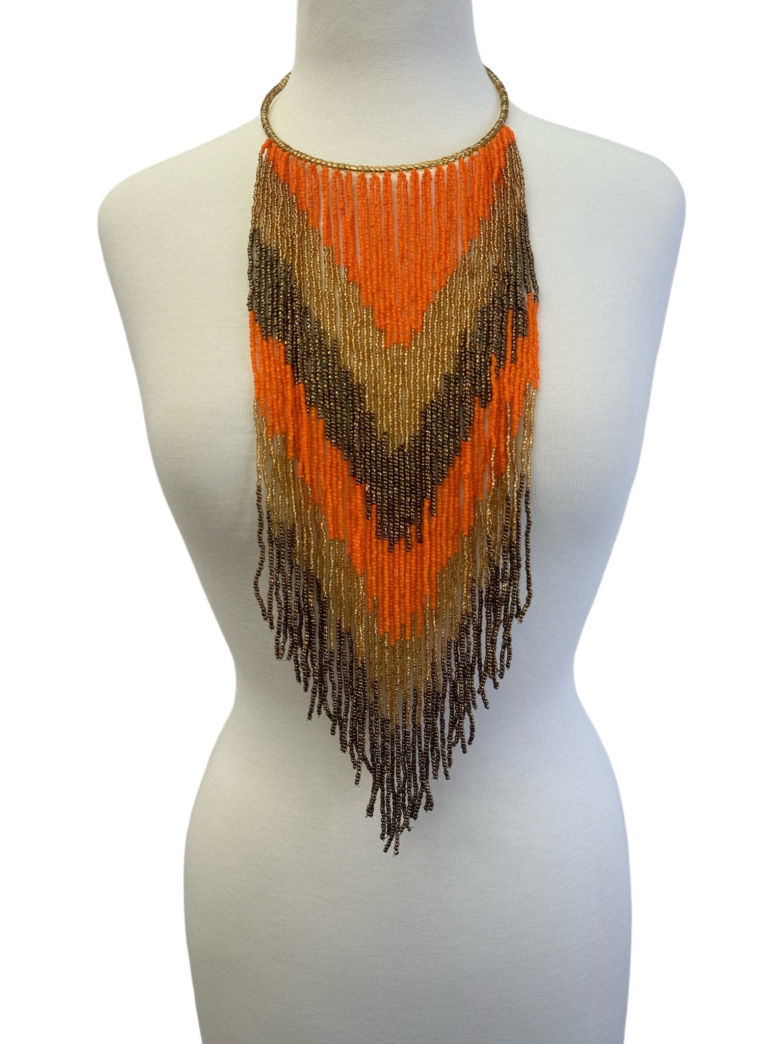 African Authentic Long Orange Beaded Fringe Tassels Necklace Pendant - Fatisha Boutique