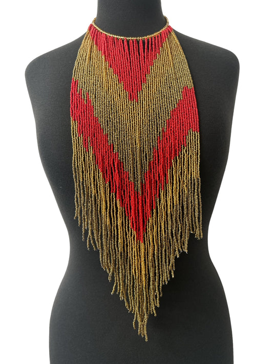 African Authentic Long Red Beaded Fringe Tassels Necklace Pendant - Fatisha Boutique