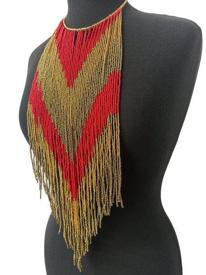 African Authentic Long Red Beaded Fringe Tassels Necklace Pendant - Fatisha Boutique