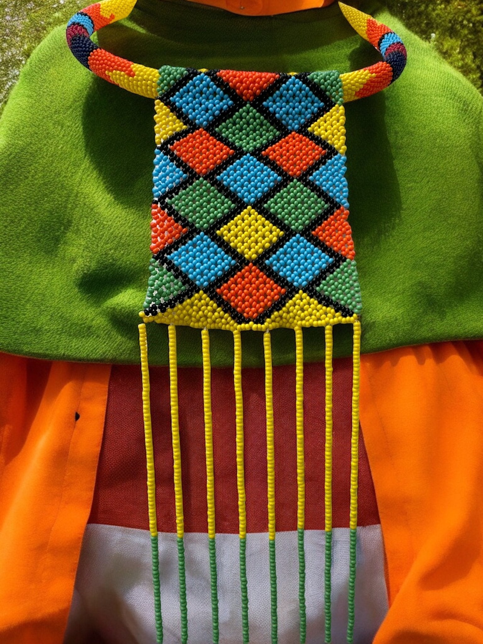 African Authentic Multicoloured Beaded Ethnic Long Pendant Tassel Necklace - Fatisha Boutique