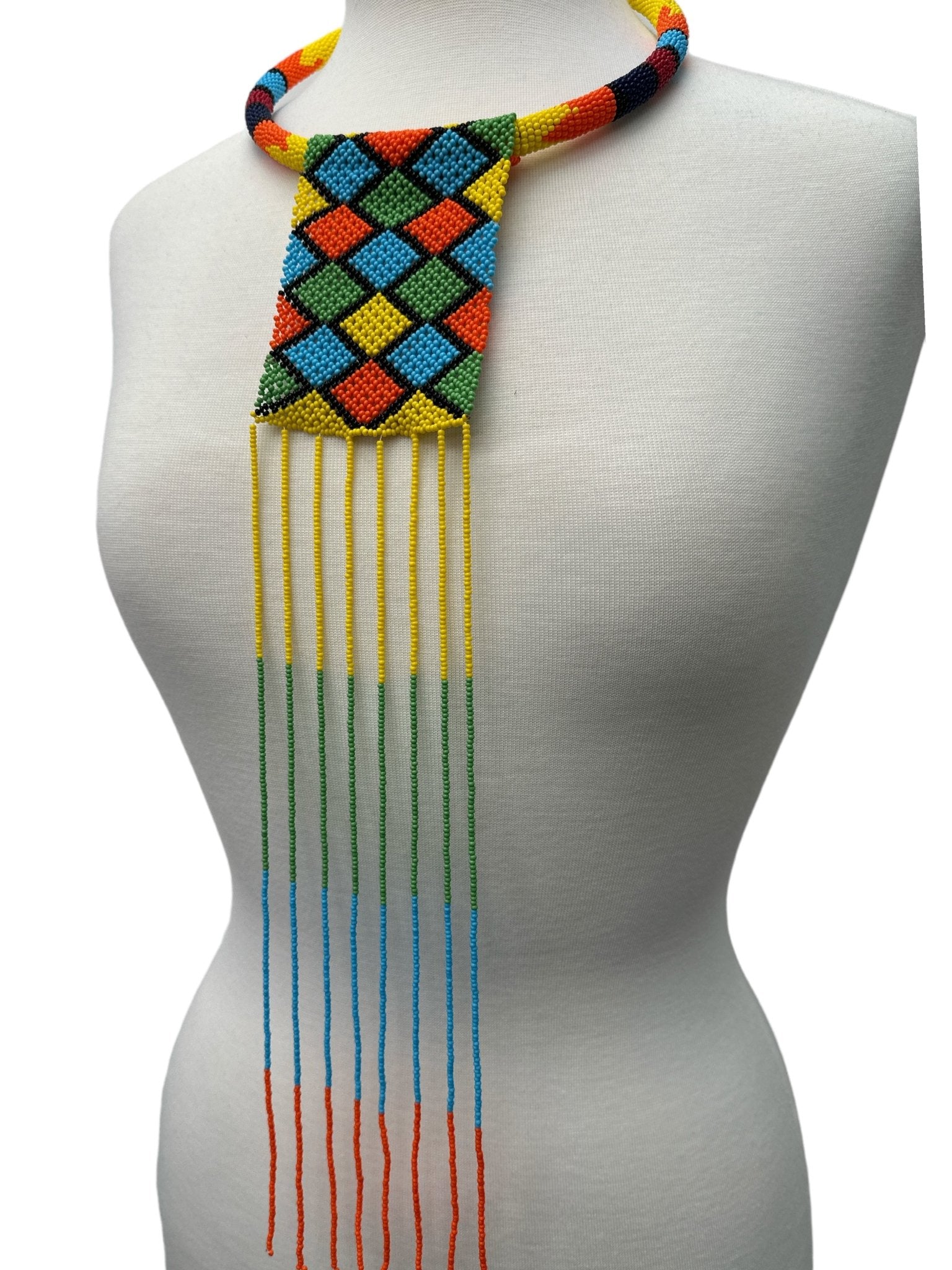 African Authentic Multicoloured Beaded Ethnic Long Pendant Tassel Necklace - Fatisha Boutique