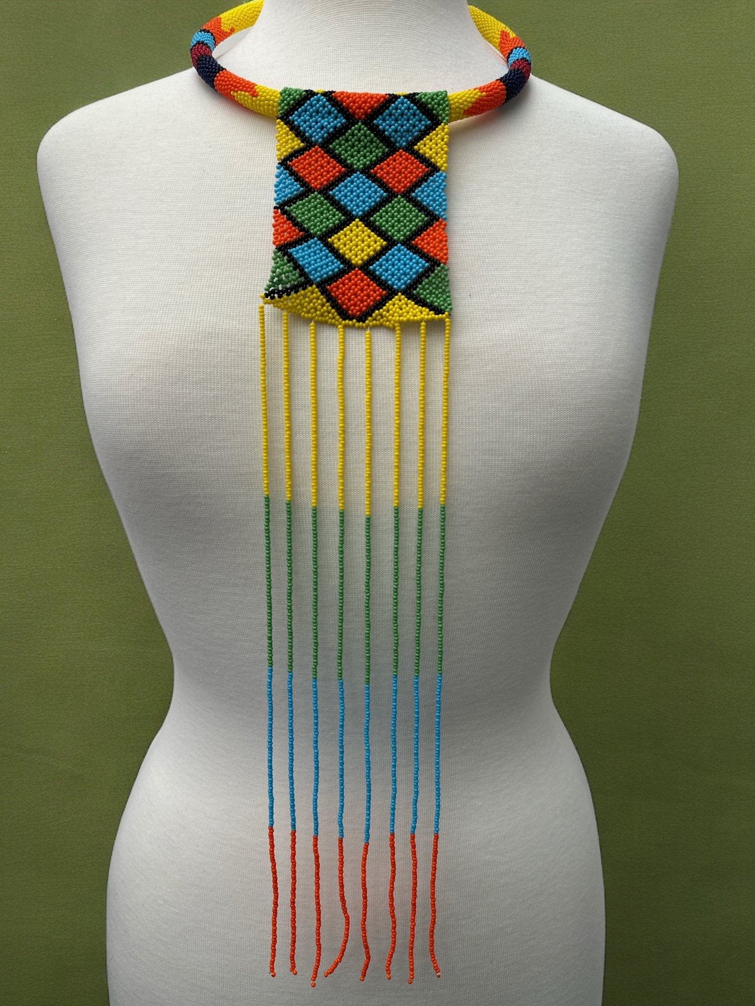 African Authentic Multicoloured Beaded Ethnic Long Pendant Tassel Necklace - Fatisha Boutique