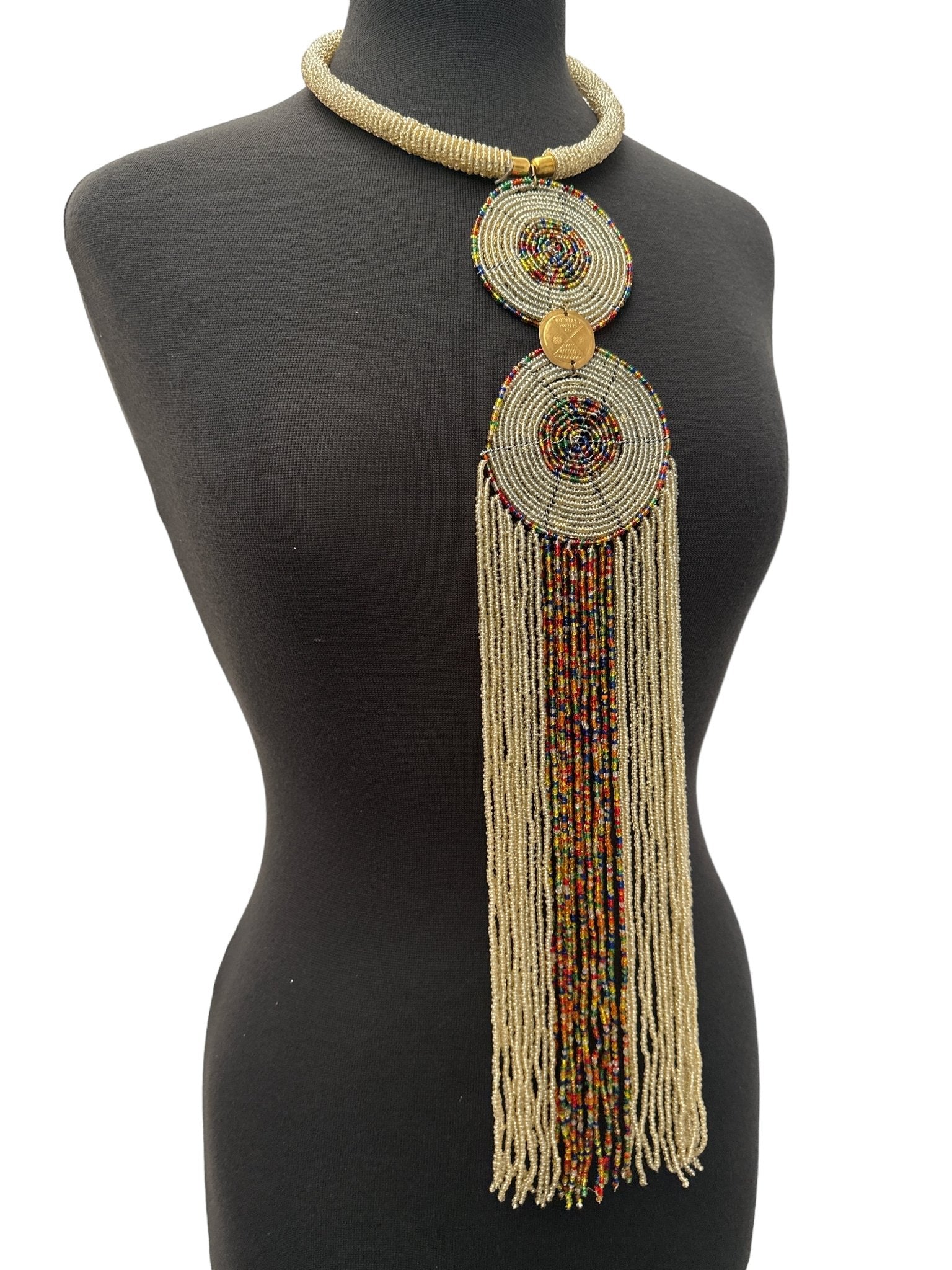 Authentic African Beige Beaded Long Fringe Pendant Necklace – Handmade Maasai Statement Jewellery - Fatisha Boutique