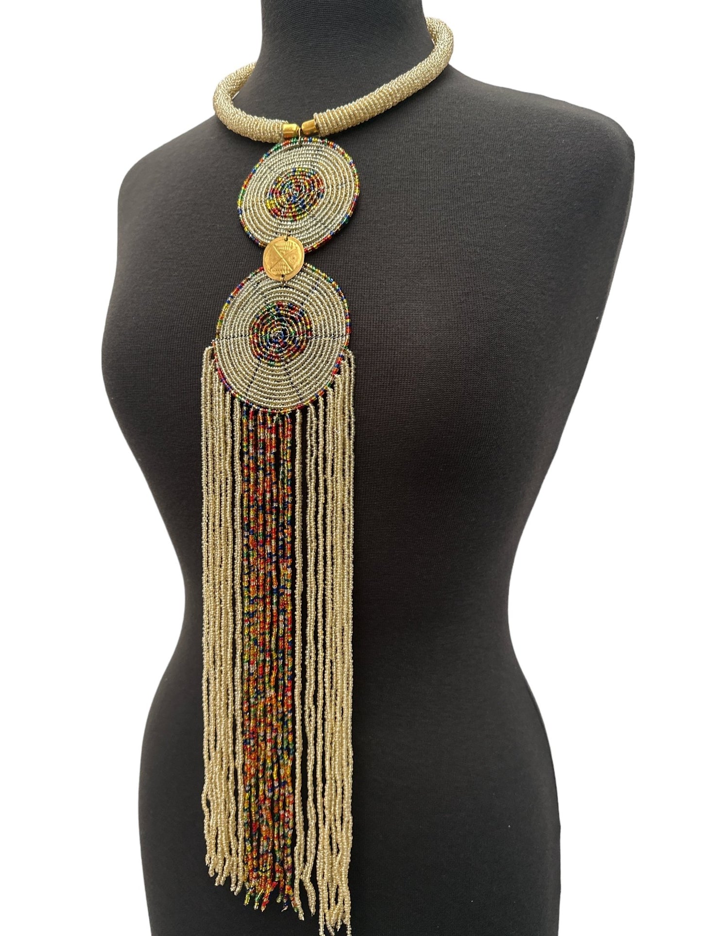 Authentic African Beige Beaded Long Fringe Pendant Necklace – Handmade Maasai Statement Jewellery - Fatisha Boutique