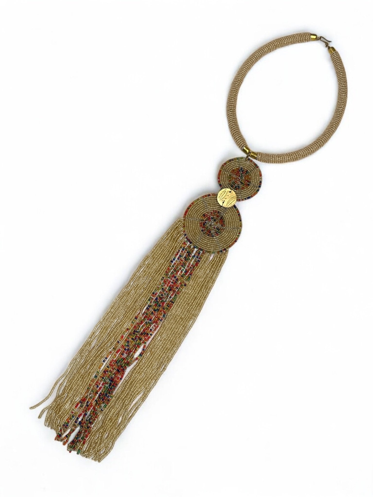 Authentic African Beige Beaded Long Fringe Pendant Necklace – Handmade Maasai Statement Jewellery - Fatisha Boutique