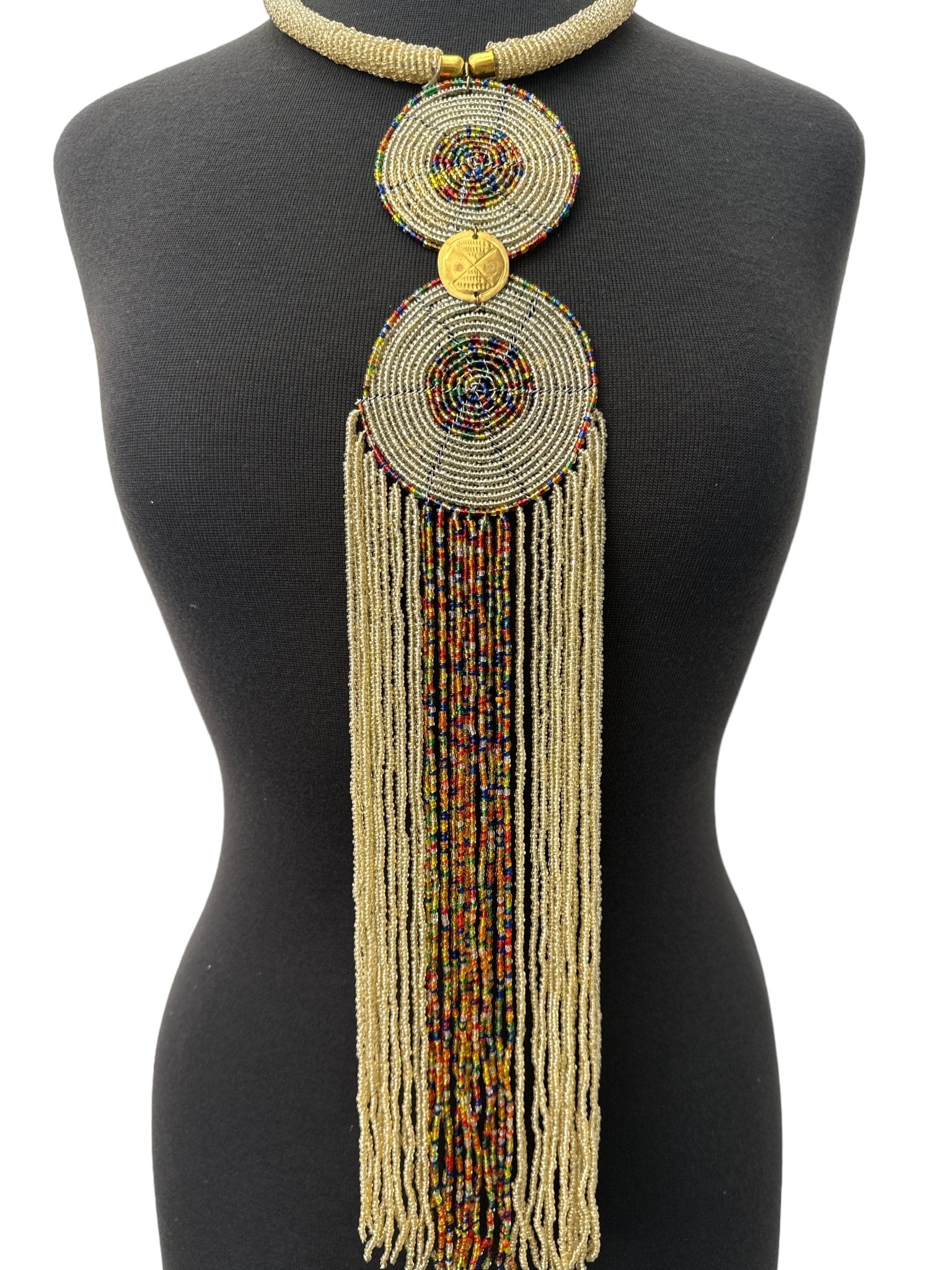 Authentic African Beige Beaded Long Fringe Pendant Necklace – Handmade Maasai Statement Jewellery - Fatisha Boutique