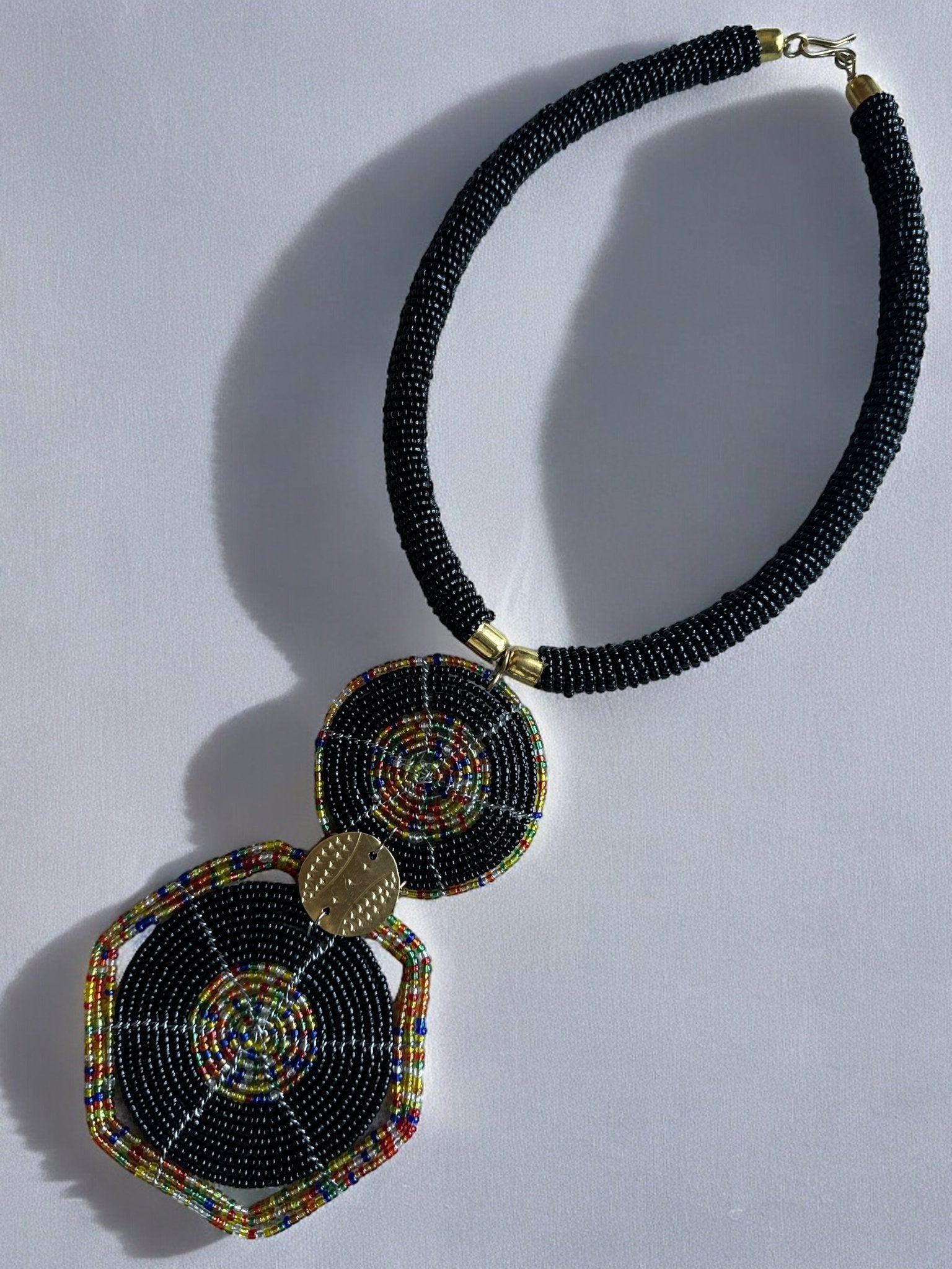 Authentic African Black Beaded Disc Pendant Necklace - Fatisha Boutique