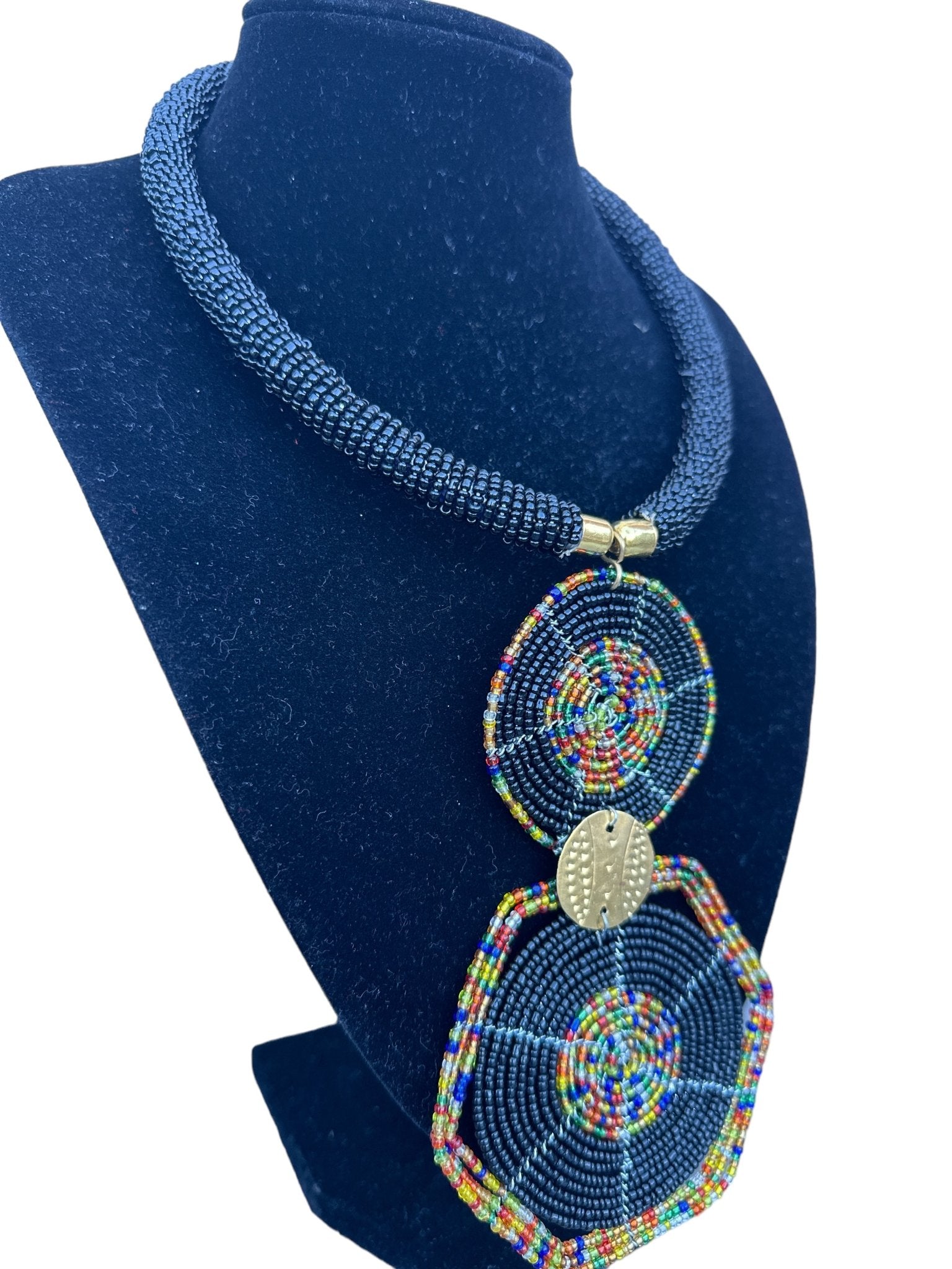 Authentic African Black Beaded Disc Pendant Necklace - Fatisha Boutique