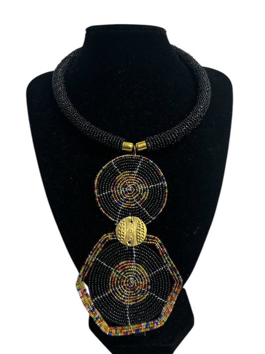 Authentic African Black Beaded Disc Pendant Necklace - Fatisha Boutique