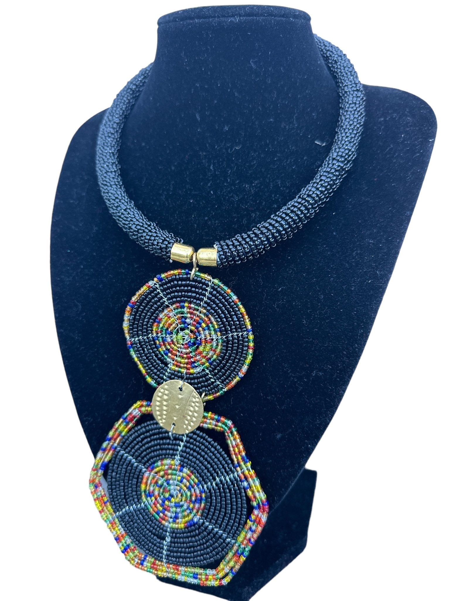 Authentic African Black Beaded Disc Pendant Necklace - Fatisha Boutique