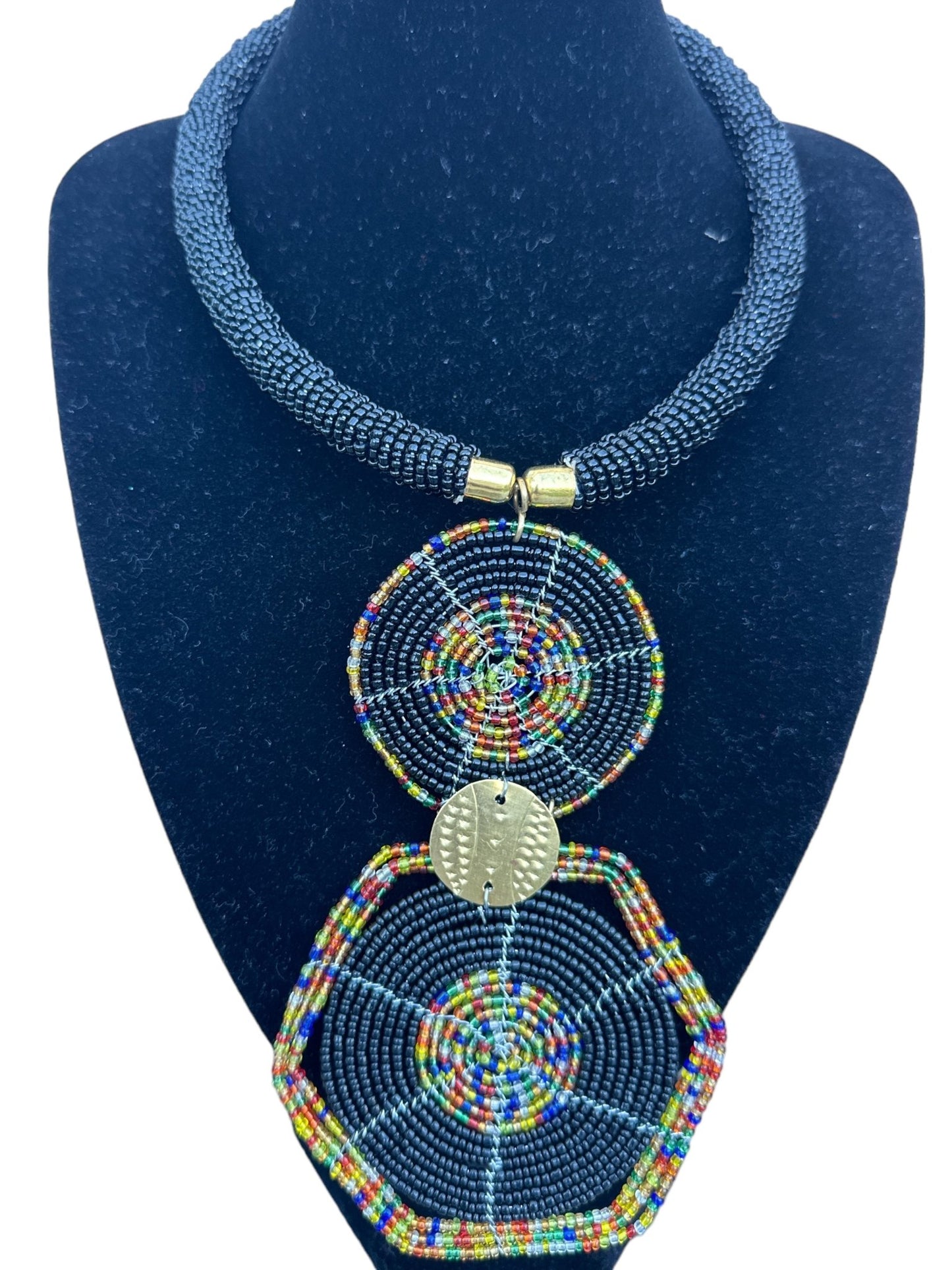 Authentic African Black Beaded Disc Pendant Necklace - Fatisha Boutique