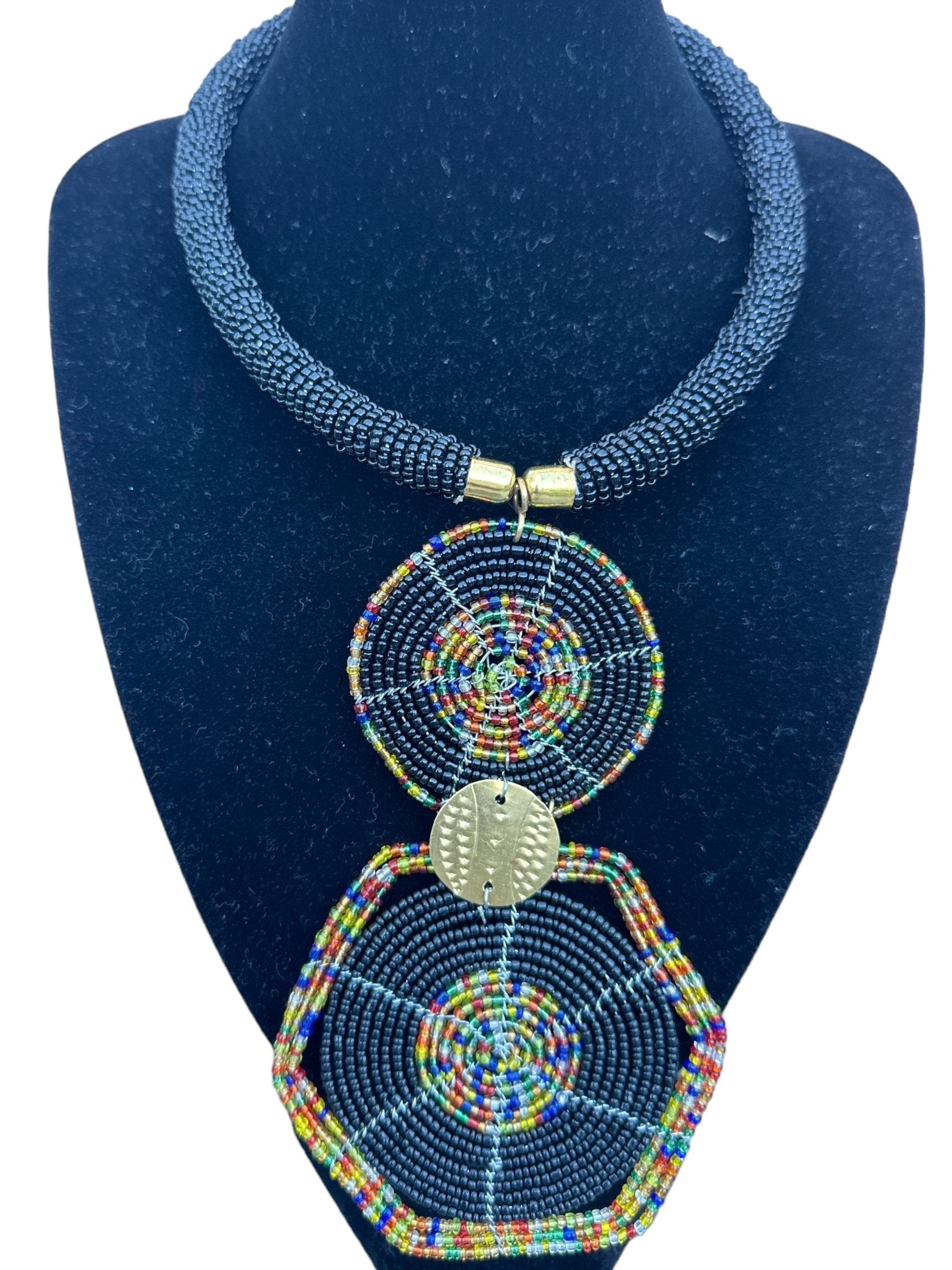 Authentic African Black Beaded Disc Pendant Necklace - Fatisha Boutique