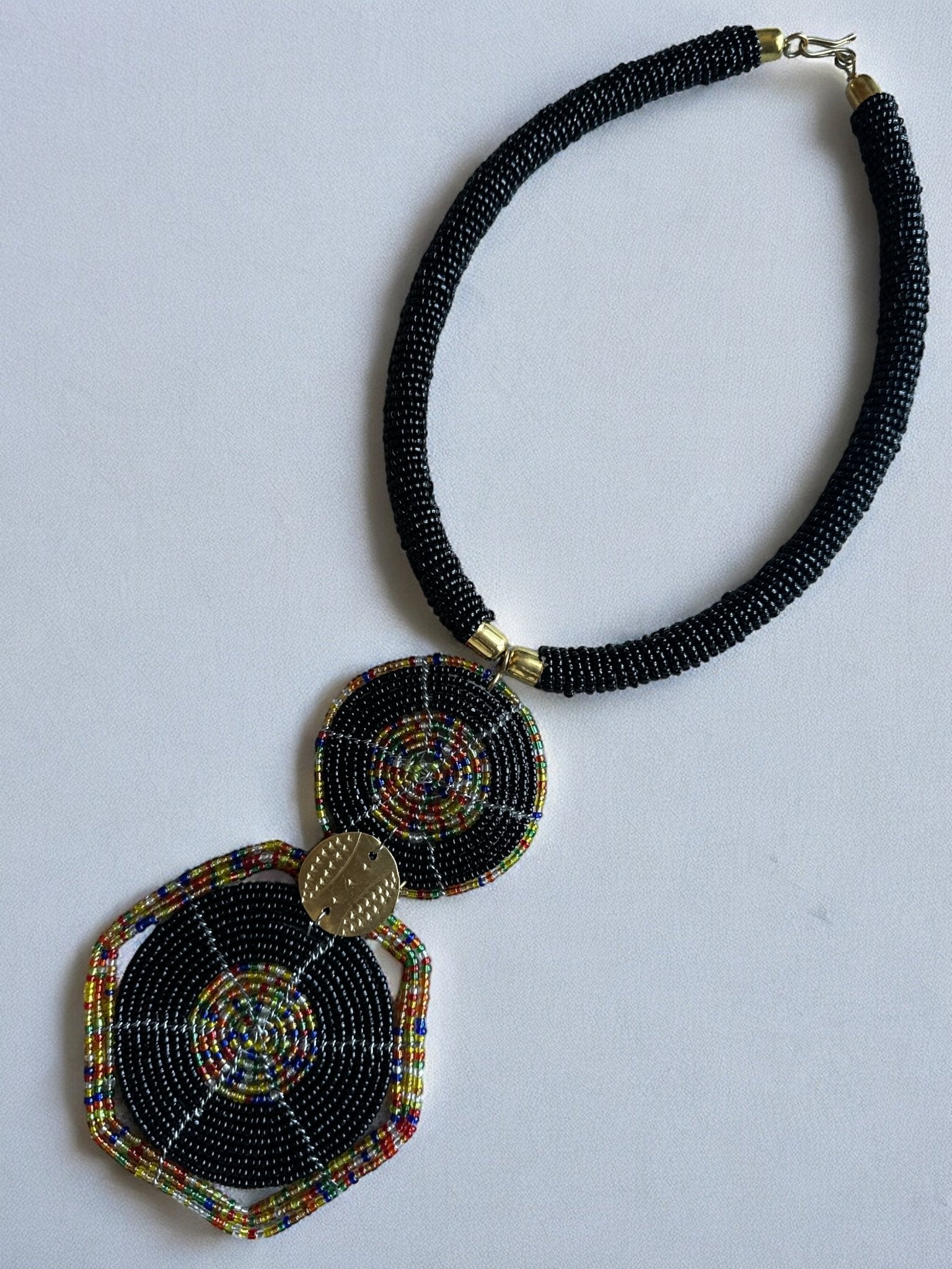Authentic African Black Beaded Disc Pendant Necklace - Fatisha Boutique