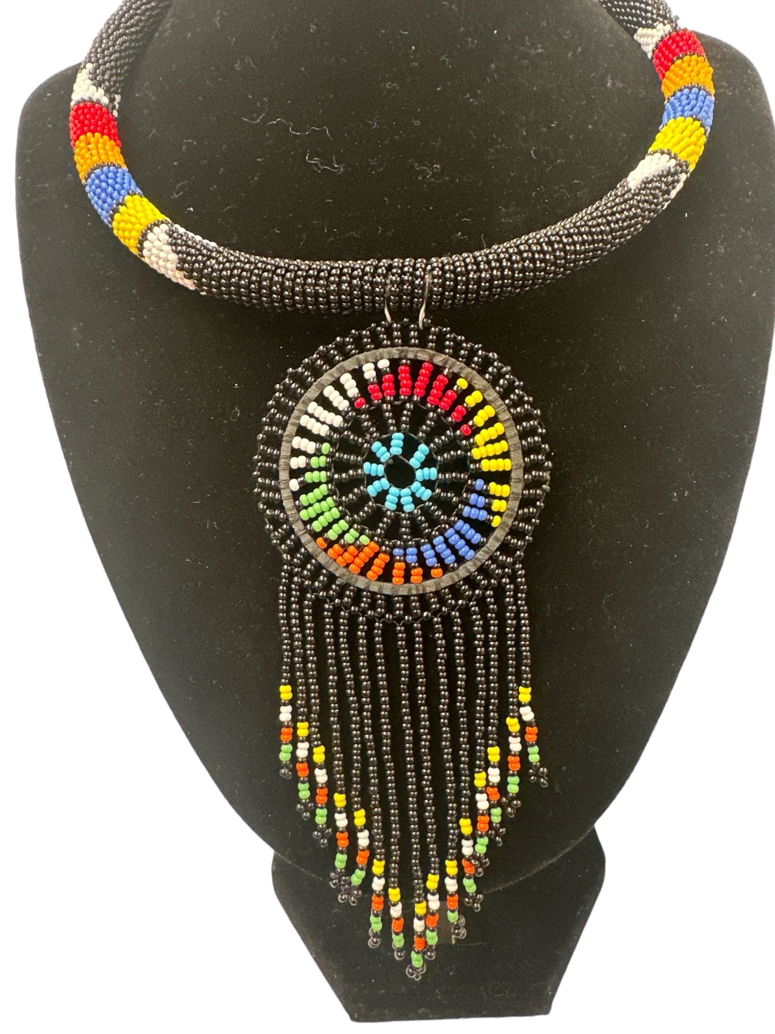Authentic African Black Beaded Tassel Ethnic Pendant Necklace - Fatisha Boutique