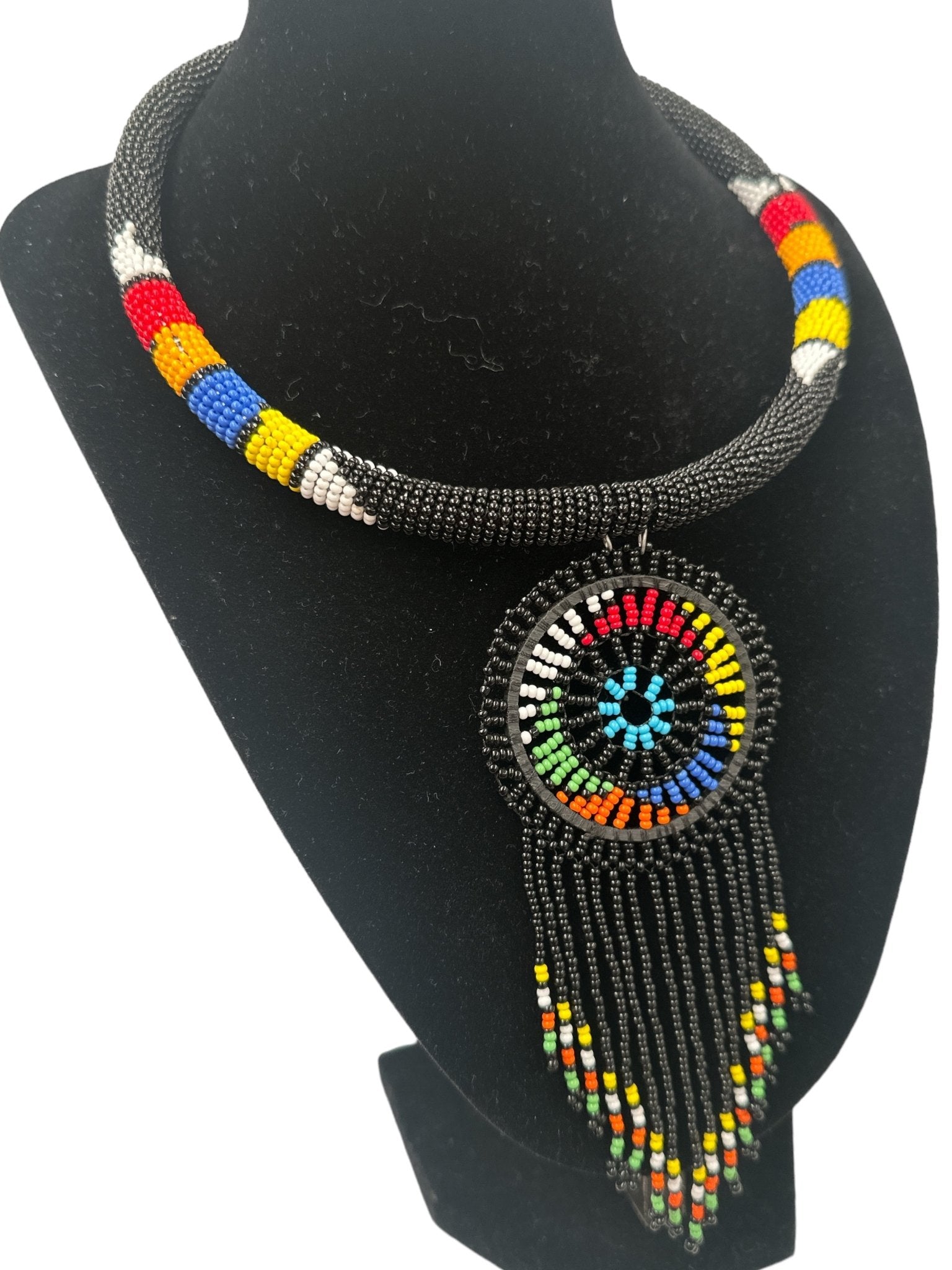 Authentic African Black Beaded Tassel Ethnic Pendant Necklace - Fatisha Boutique