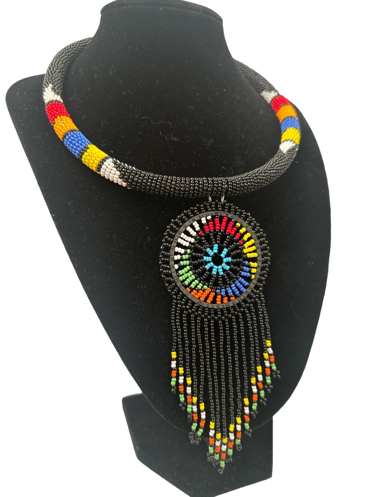 Authentic African Black Beaded Tassel Ethnic Pendant Necklace - Fatisha Boutique