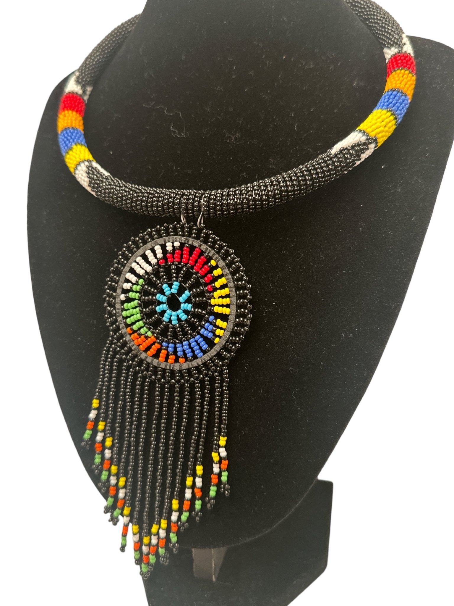 Authentic African Black Beaded Tassel Ethnic Pendant Necklace - Fatisha Boutique