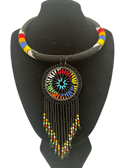 Authentic African Black Beaded Tassel Ethnic Pendant Necklace - Fatisha Boutique
