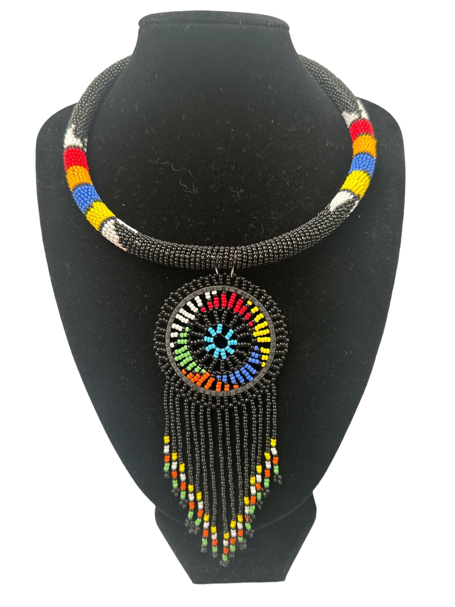 Authentic African Black Beaded Tassel Ethnic Pendant Necklace - Fatisha Boutique