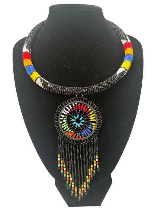 Authentic African Black Beaded Tassel Ethnic Pendant Necklace - Fatisha Boutique