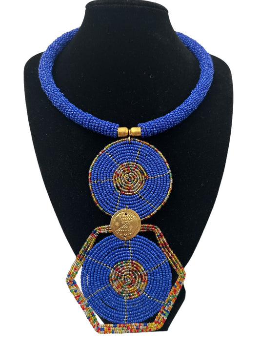 Authentic African Blue Beaded Disc Pendant Necklace - Fatisha Boutique