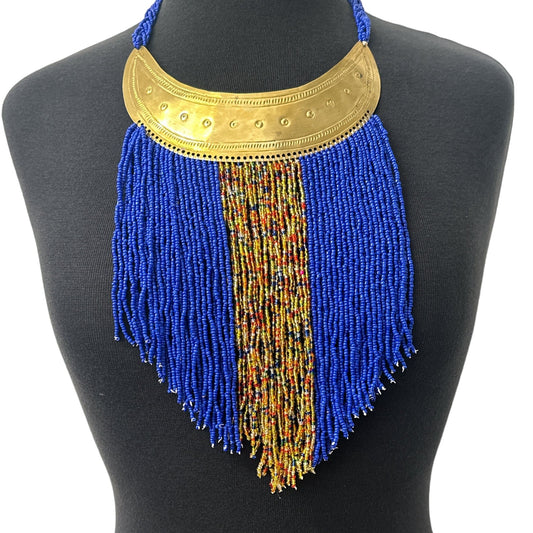 Authentic African Blue Beaded Ethnic Tassels Fringe Brass Pendant Necklace - Fatisha Boutique