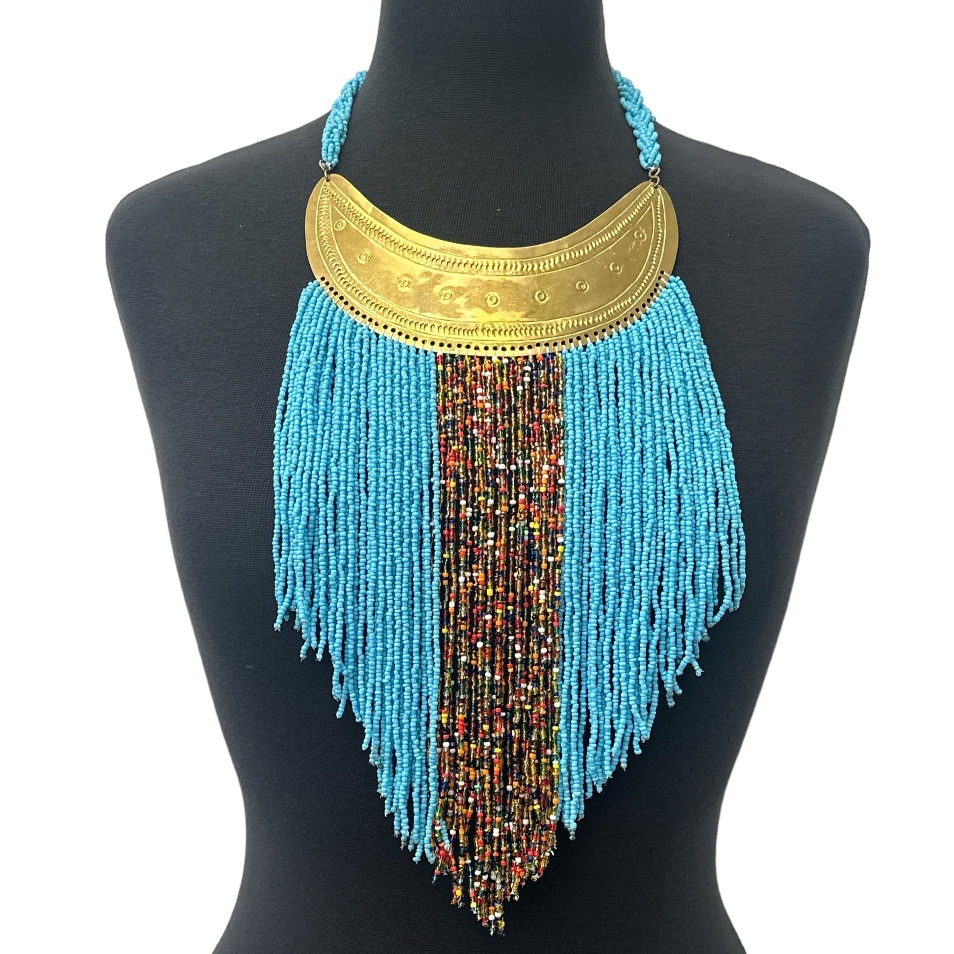 Authentic African Blue Beaded Ethnic Tassels Fringe Brass Pendant Necklace - Fatisha Boutique