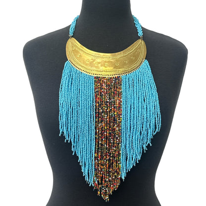 Authentic African Blue Beaded Ethnic Tassels Fringe Brass Pendant Necklace - Fatisha Boutique