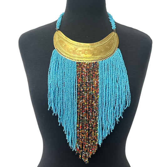 Authentic African Blue Beaded Ethnic Tassels Fringe Brass Pendant Necklace - Fatisha Boutique