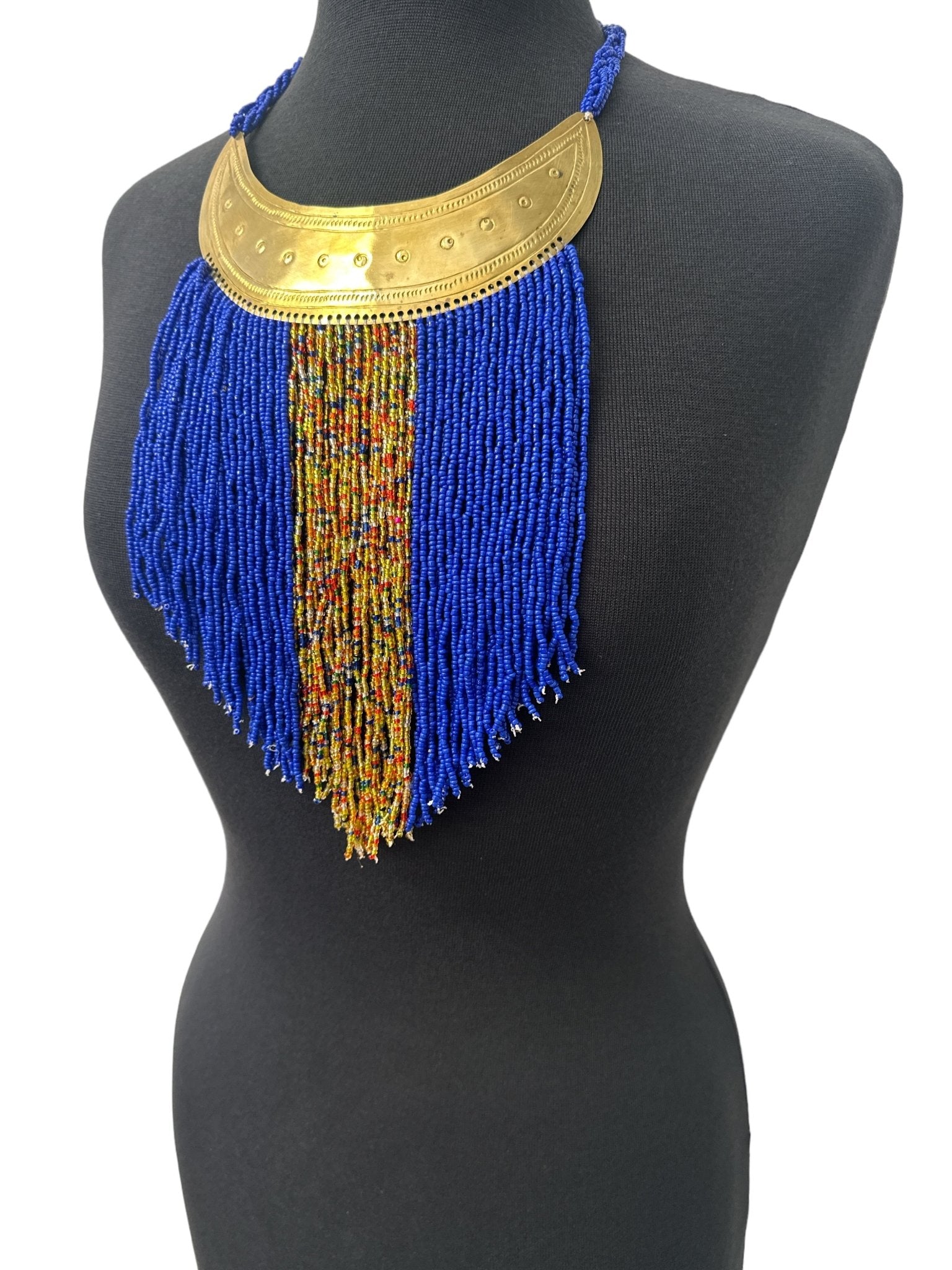 Authentic African Blue Beaded Ethnic Tassels Fringe Brass Pendant Necklace - Fatisha Boutique