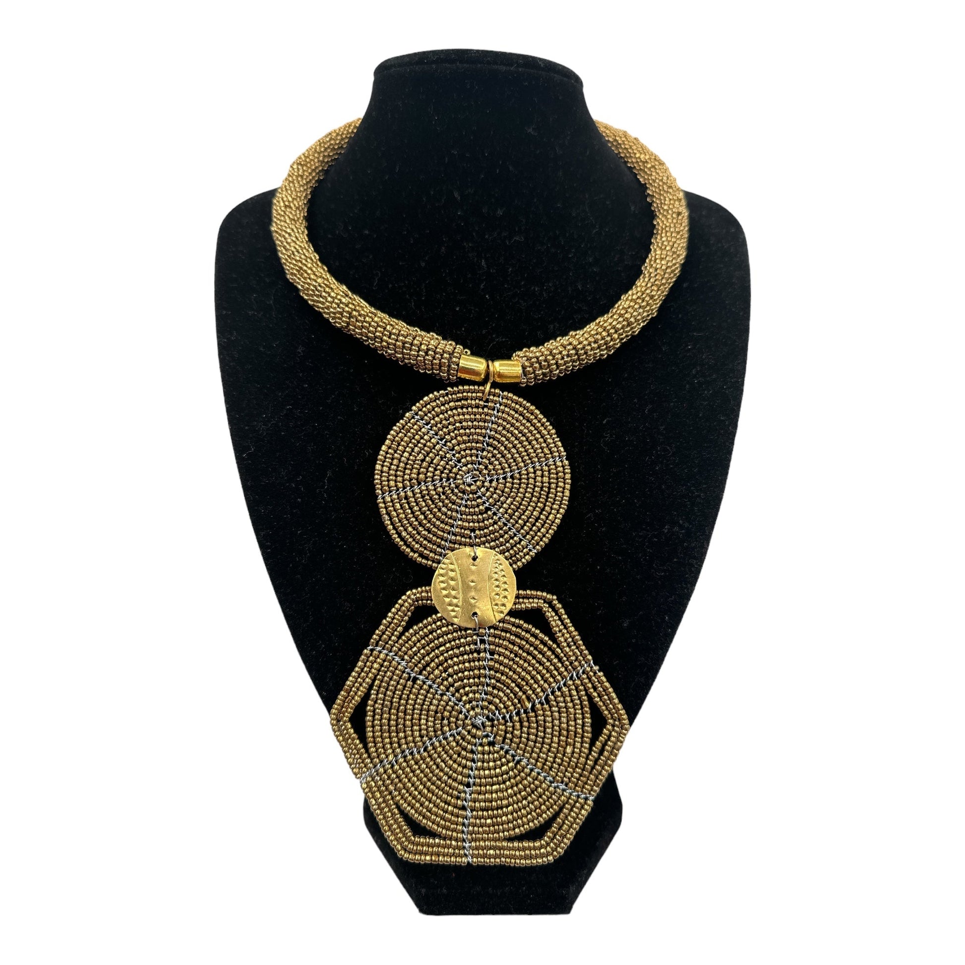 Authentic African Gold Beaded Disc Pendant Necklace - Fatisha Boutique