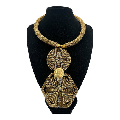 Authentic African Gold Beaded Disc Pendant Necklace - Fatisha Boutique