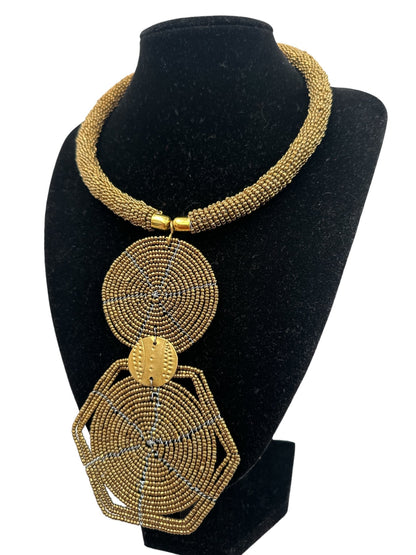Authentic African Gold Beaded Disc Pendant Necklace - Fatisha Boutique