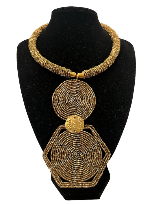 Authentic African Gold Beaded Disc Pendant Necklace - Fatisha Boutique