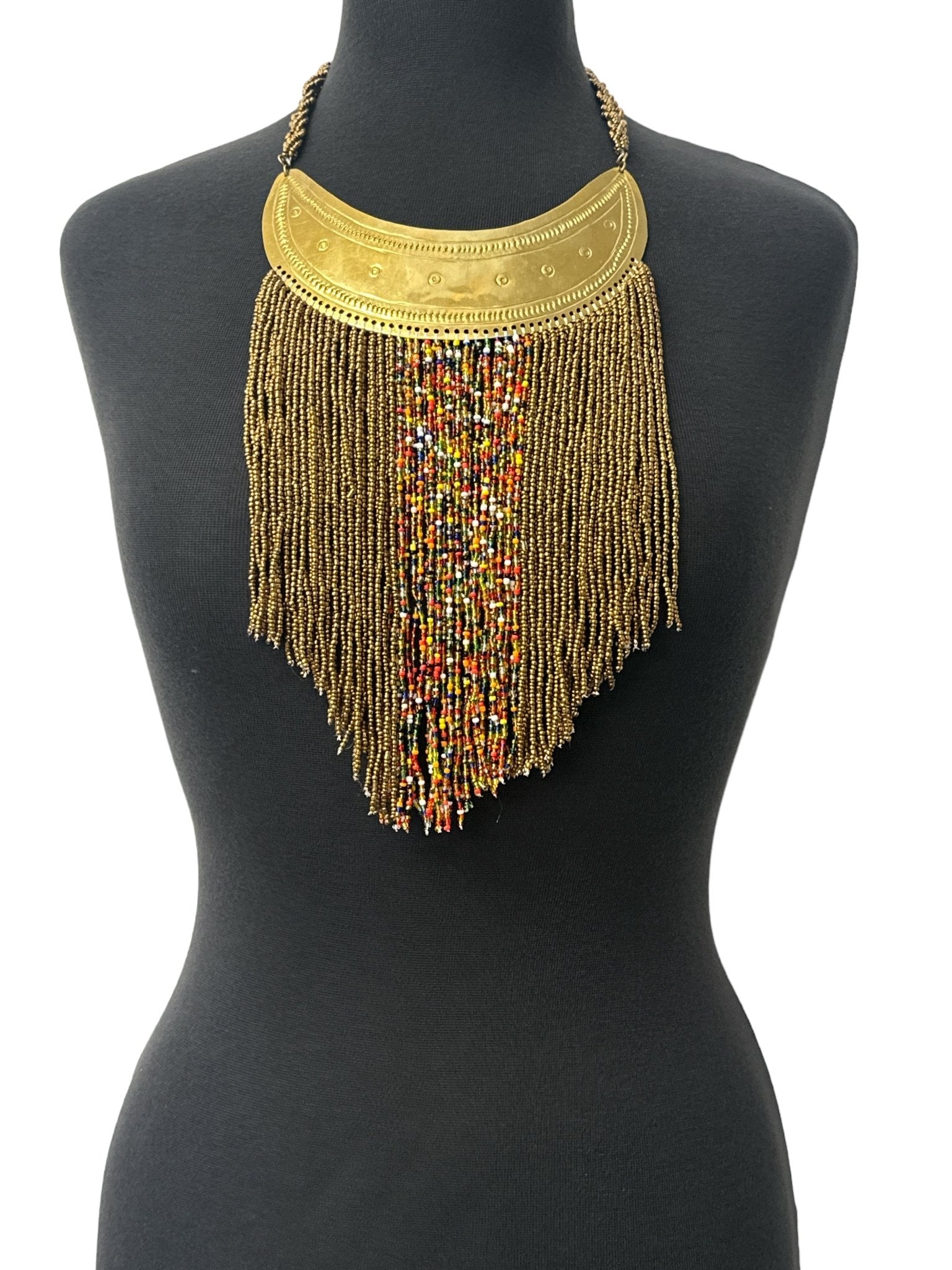 Authentic African Gold Beaded Ethnic Tassels Fringe Brass Pendant Necklace - Fatisha Boutique