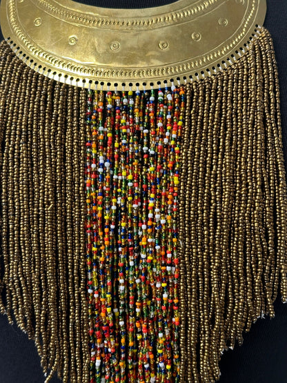 Authentic African Gold Beaded Ethnic Tassels Fringe Brass Pendant Necklace - Fatisha Boutique