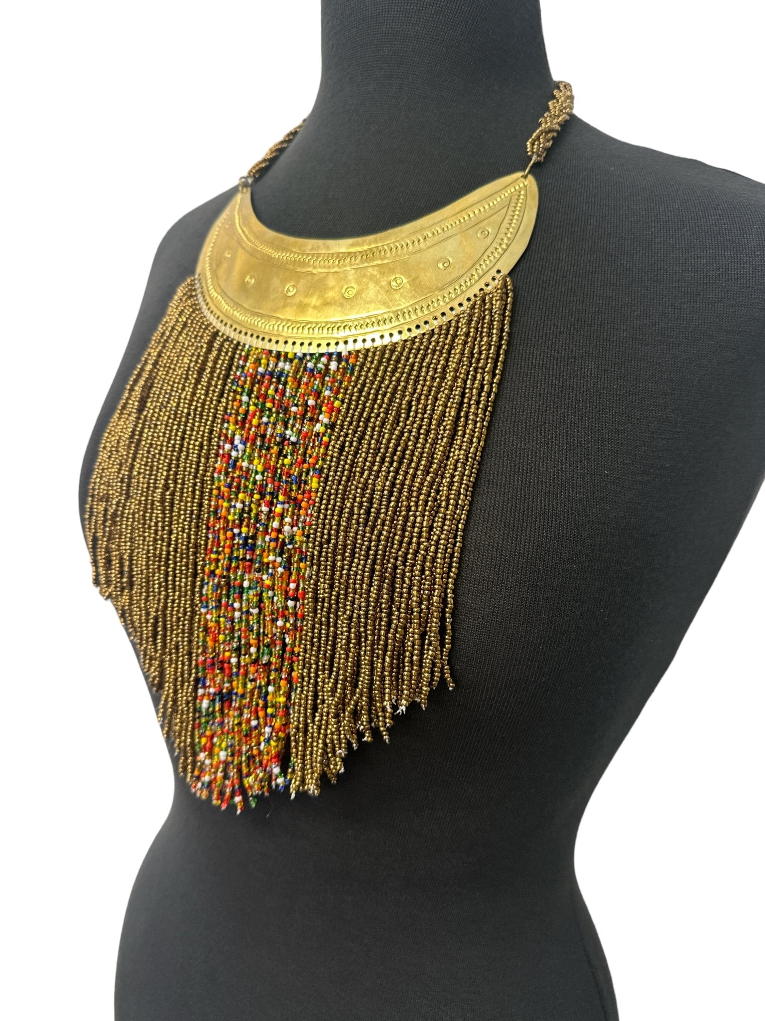 Authentic African Gold Beaded Ethnic Tassels Fringe Brass Pendant Necklace - Fatisha Boutique