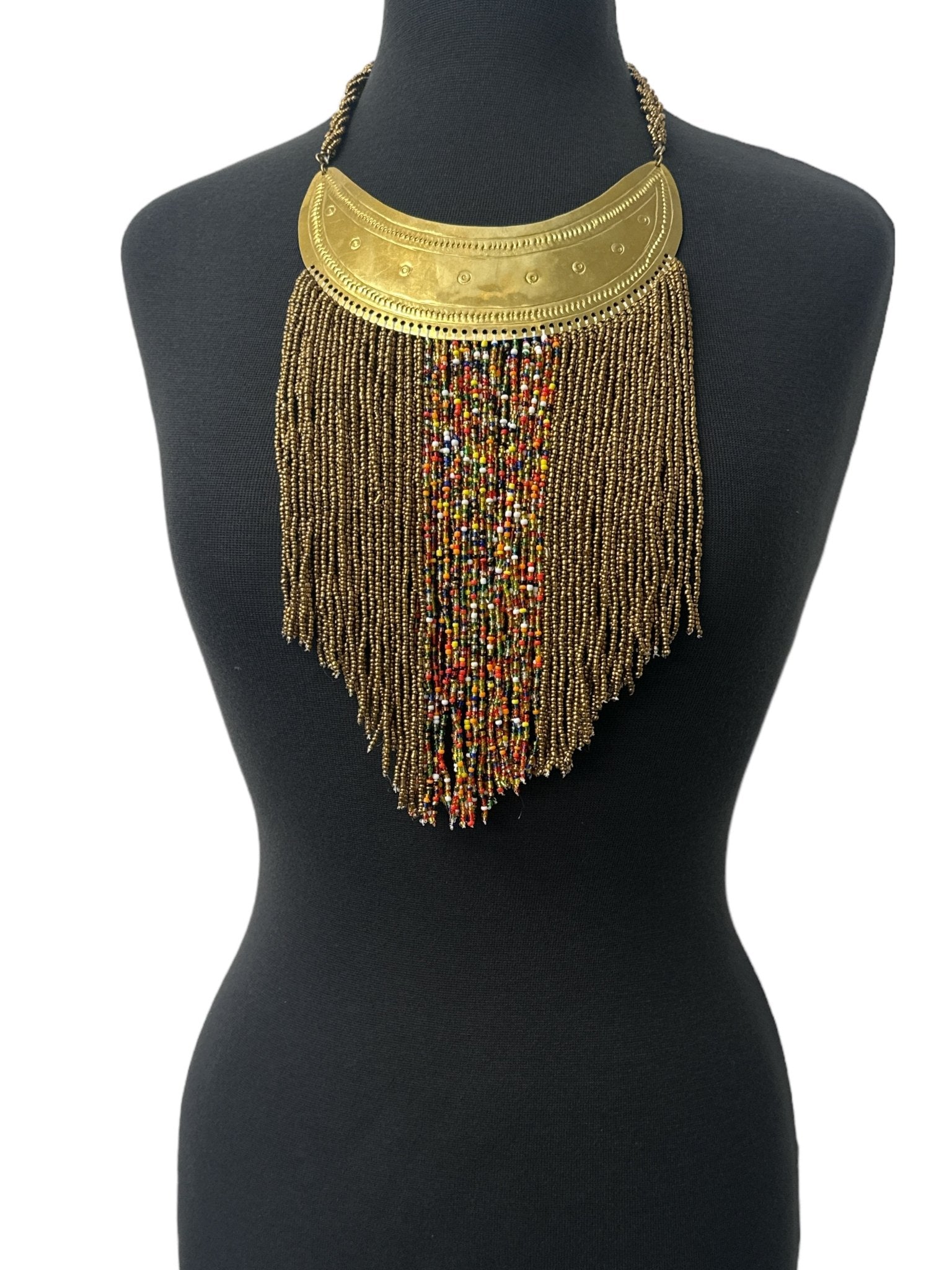 Authentic African Gold Beaded Ethnic Tassels Fringe Brass Pendant Necklace - Fatisha Boutique