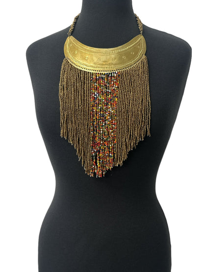 Authentic African Gold Beaded Ethnic Tassels Fringe Brass Pendant Necklace - Fatisha Boutique